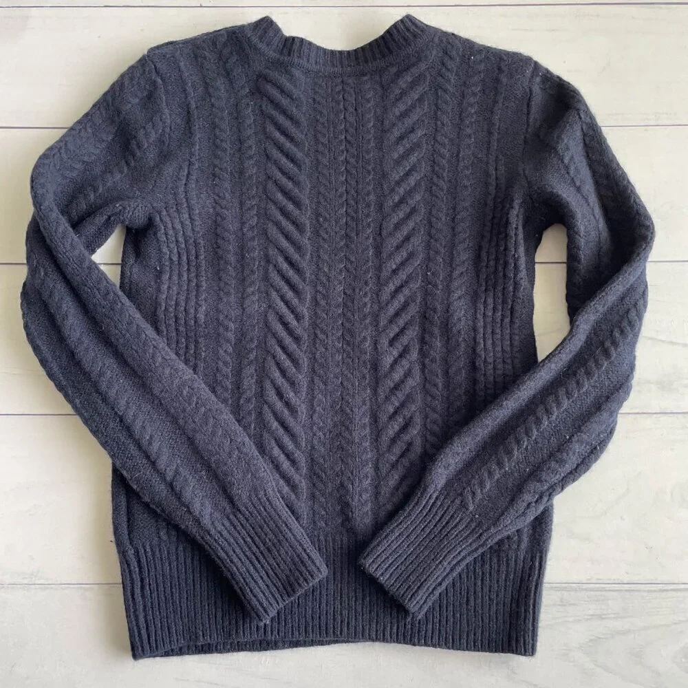 J. Crew Girl's‎ 100% Wool Cable Knit Crew Neck Sweater, Navy Blue